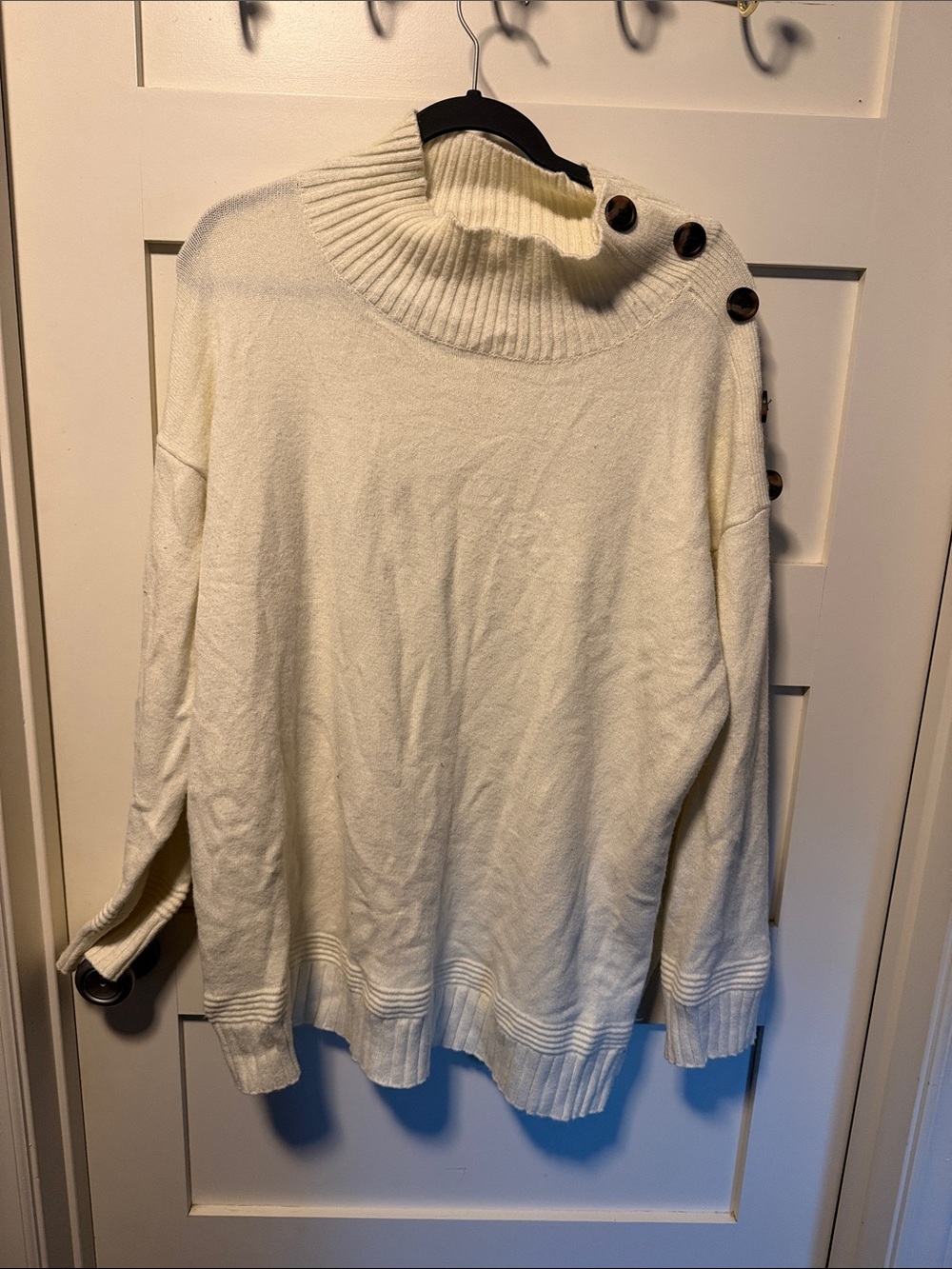 Anthropologie Cream Button-Shoulder Turtleneck Sweater